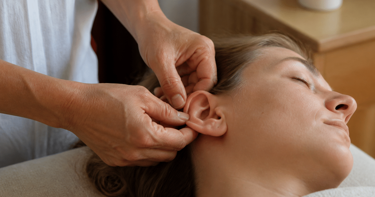 Mains praticien stimulant points meridiens sur oreille patiente allongee