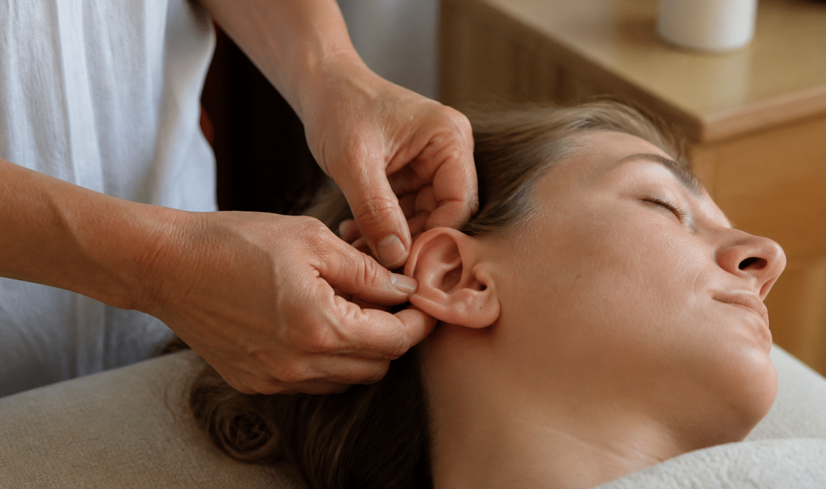 Mains praticien stimulant points meridiens sur oreille patiente allongee