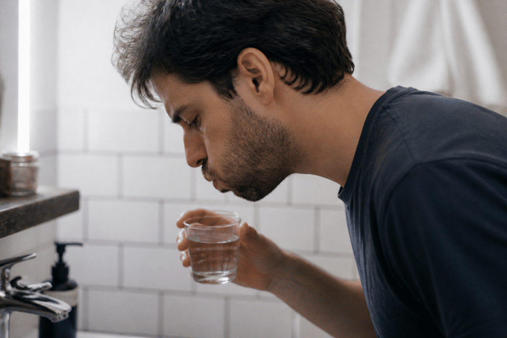 Personne se rinçant la bouche avec un verre d'eau claire