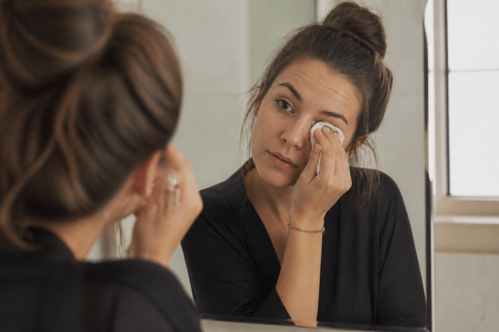 Femme retirant maquillage avec coton blanc humide