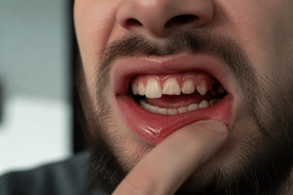 Bouche enflammee avec dent cassee et rougeur visible