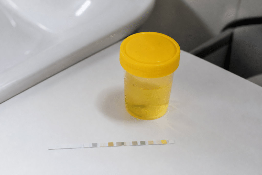 Eprouvette d'urine jaune avec resultat de test de depistage