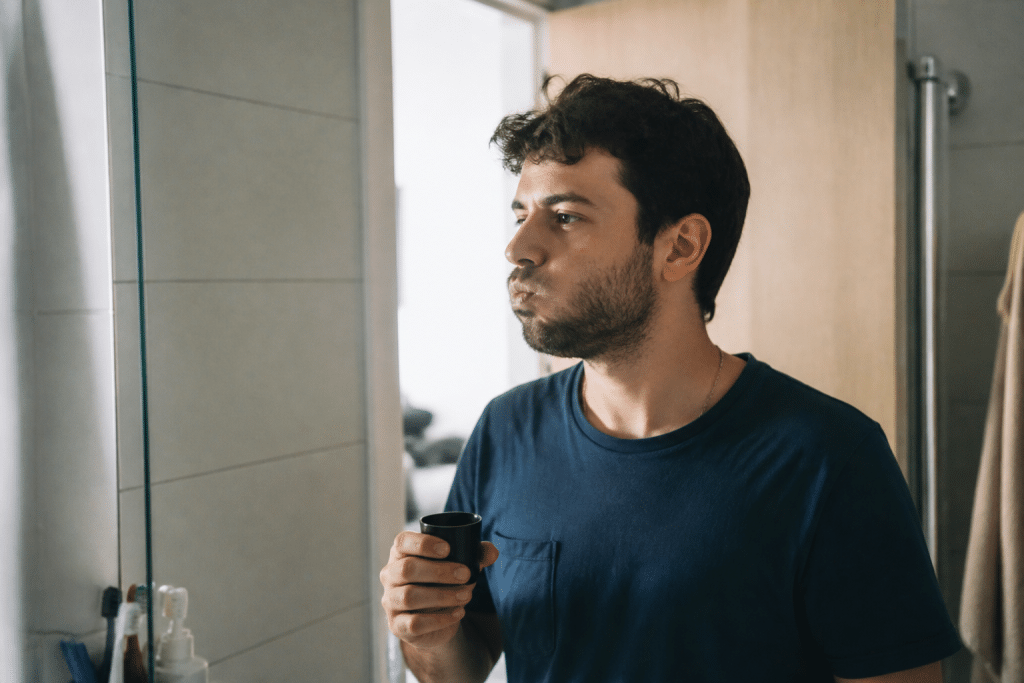 Personne se rincant la bouche avec bain de bouche bleu