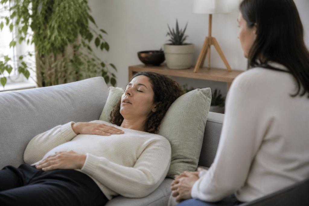 Personne effectuant exercice respiration avec moniteur médical bienveillant