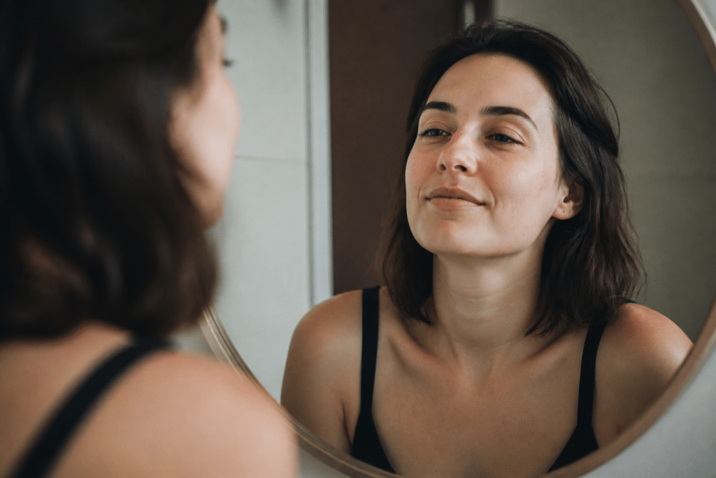 Femme regardant son reflet avec acceptation et sérénité