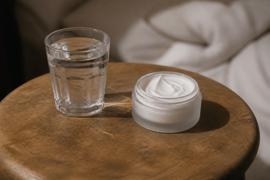 Verre d'eau et creme hydratante pour peau sèche