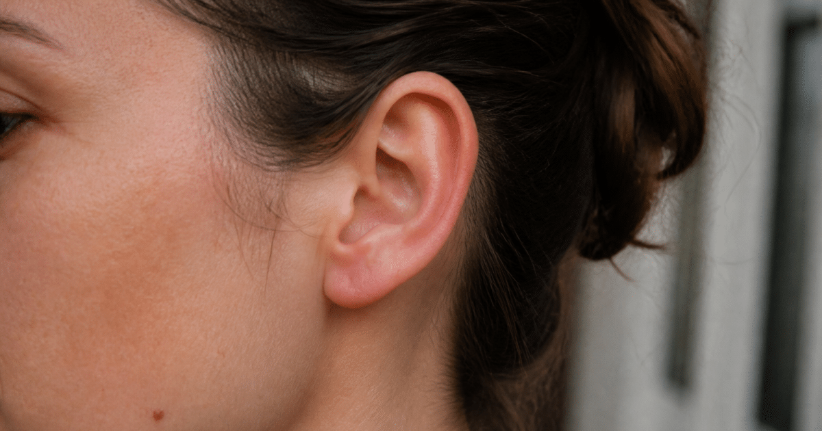 Lobe d'oreille percé fermé avec peau rosée cicatrisée