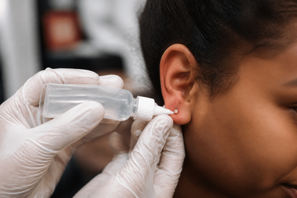 Lobe percé avec solution saline et bijou délicat inseré doucement.