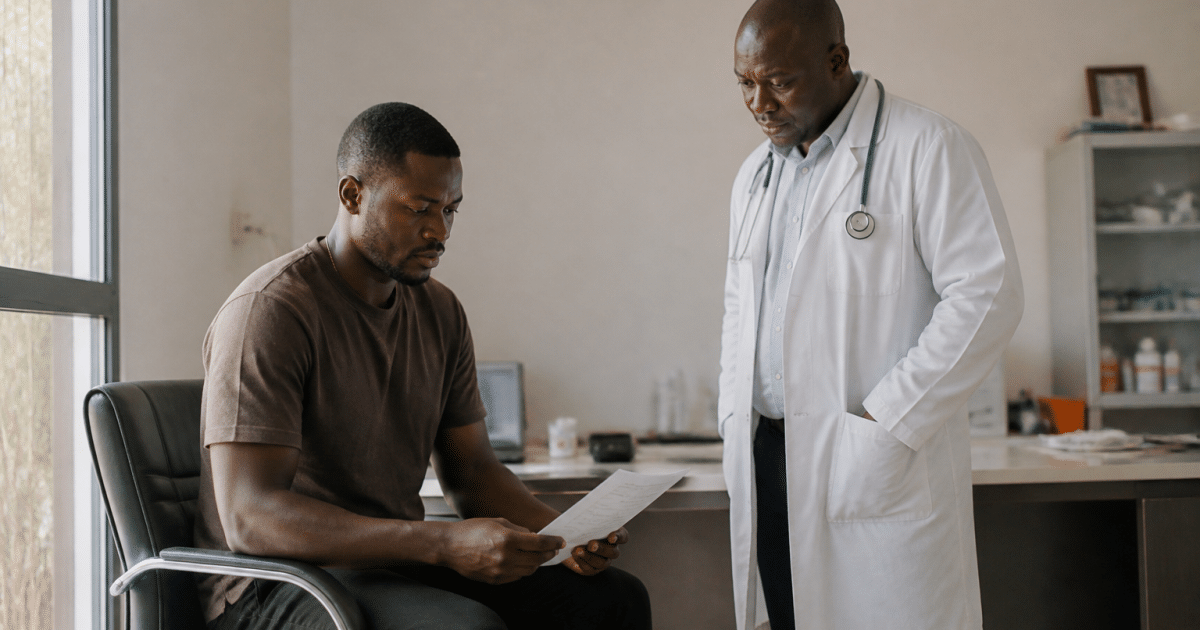 Travailleur assis tenant document medical avec medecin debout