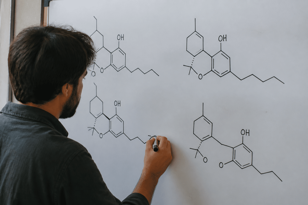 Molecules cannabinoides comparees sur tableau scientifique