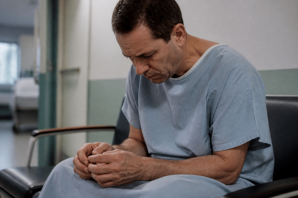 Patient nerveux assis avant chirurgie, mains tremblantes