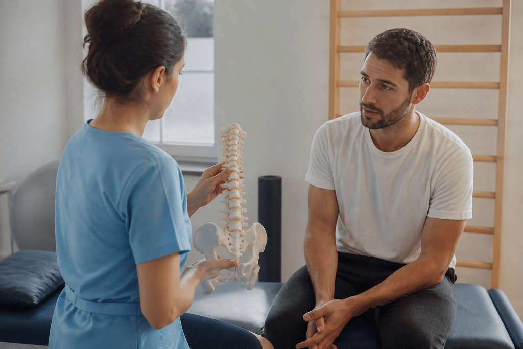 Patient en consultation avec kinésitherapeute expliquant procedure medicale