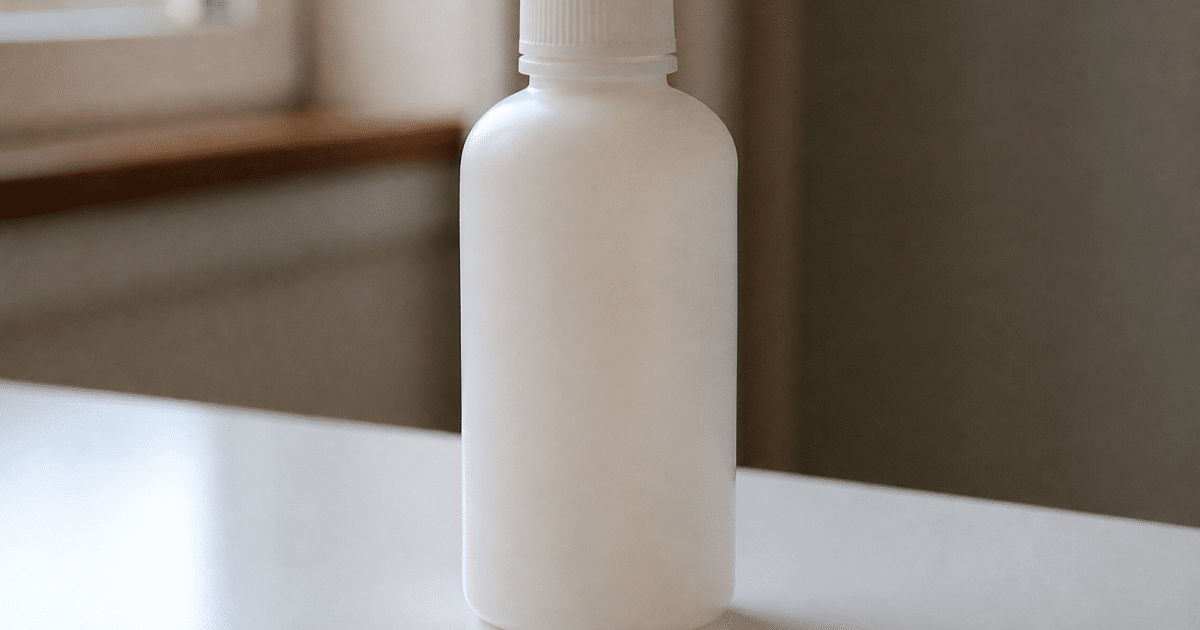 Bouteille de peroxyde d'hydrogène posee verticalement sur surface blanche