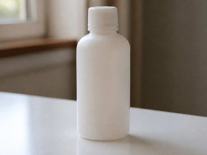 Bouteille de peroxyde d'hydrogène posee verticalement sur surface blanche