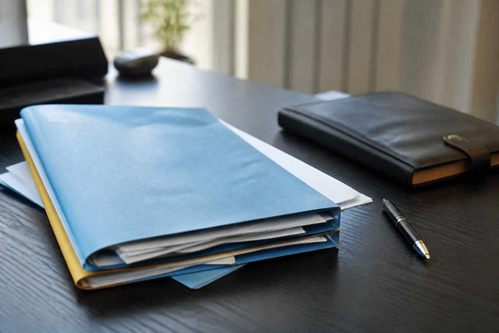 Dossiers medicaux, contrats et stylo sur bureau professionnel