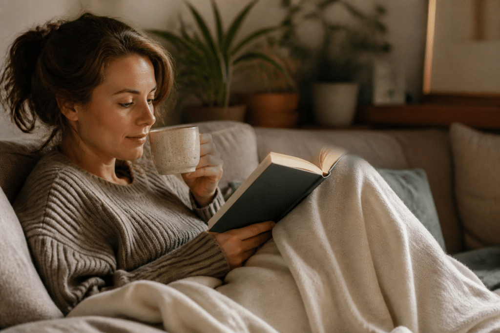 Personne relaxee le soir avec livre et tisane apaisante