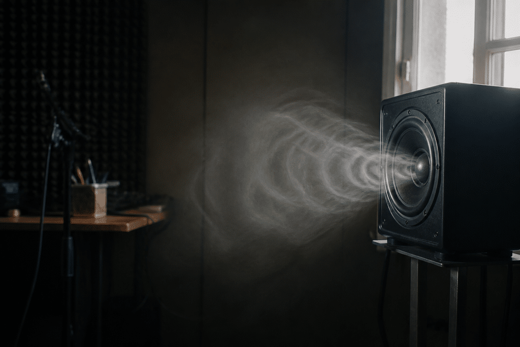 Studio sombre avec haut-parleur émettant onde sonore visible
