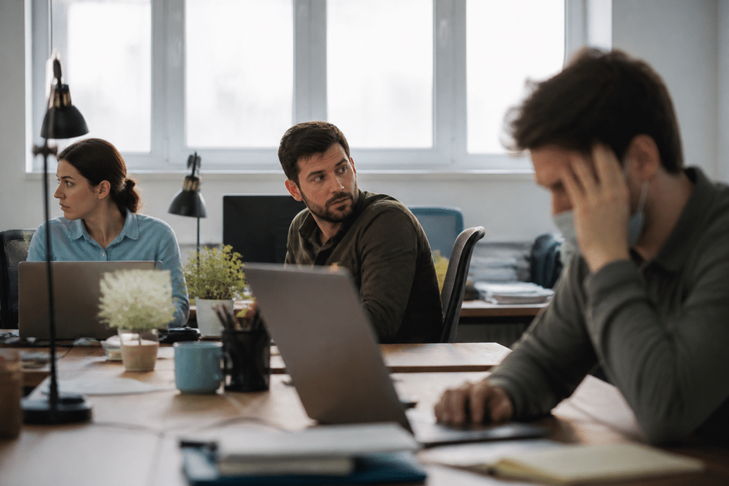 Collegues evitant employe malade au bureau tendu