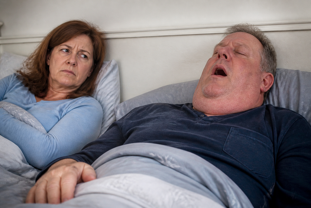 Couple observe homme ronfler fort cou epais
