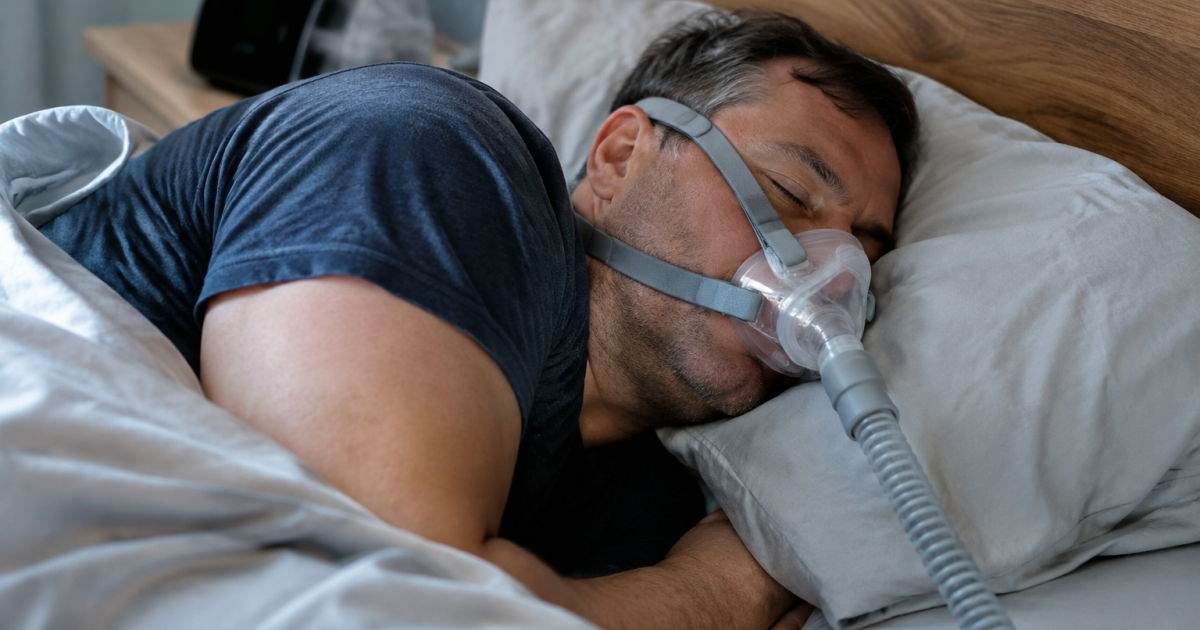 Homme dormant de cote avec masque respiratoire CPAP