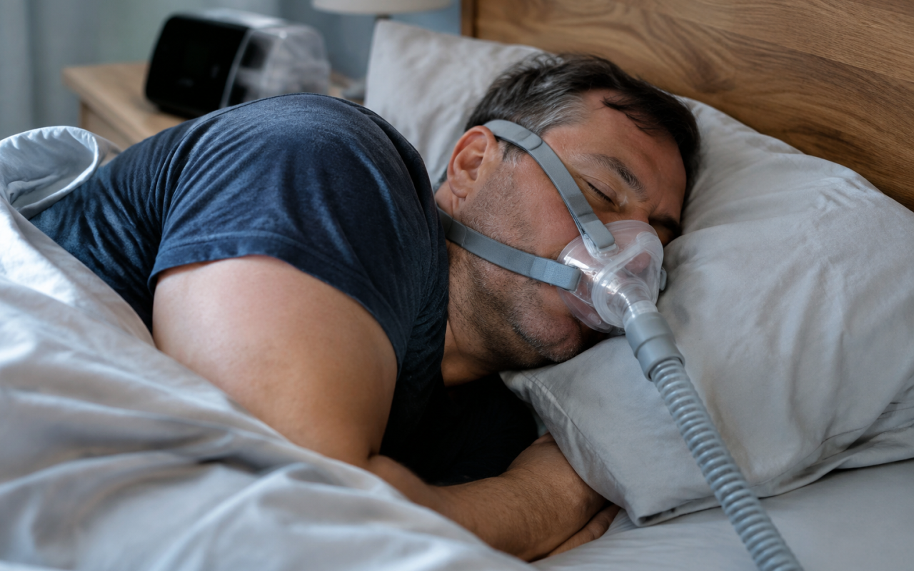 Homme dormant de cote avec masque respiratoire CPAP