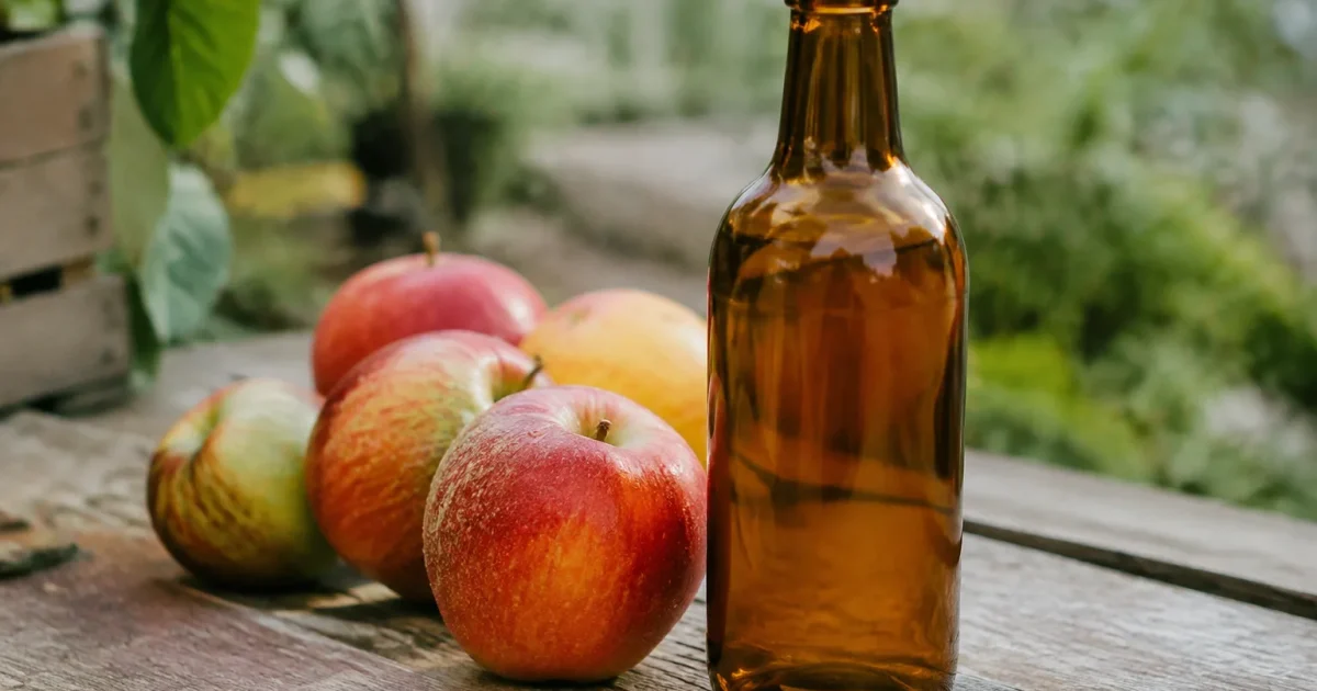 Bouteille en verre ambre posee pres de pommes fraiches