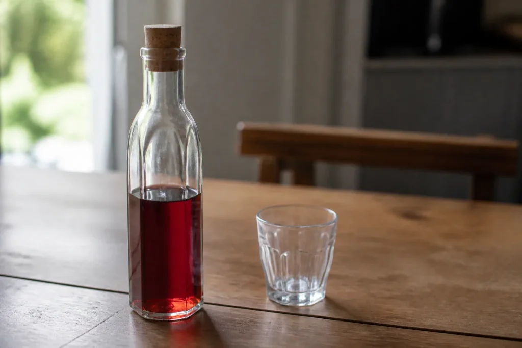Bouteille de vinaigre et verre sur table en bois