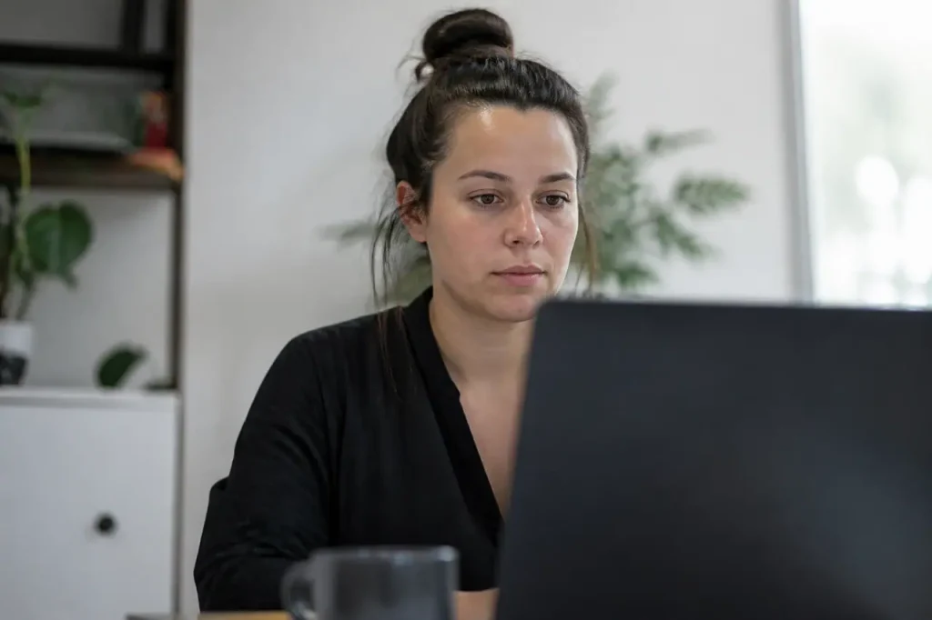 Femme assise devant écran à hauteur des yeux