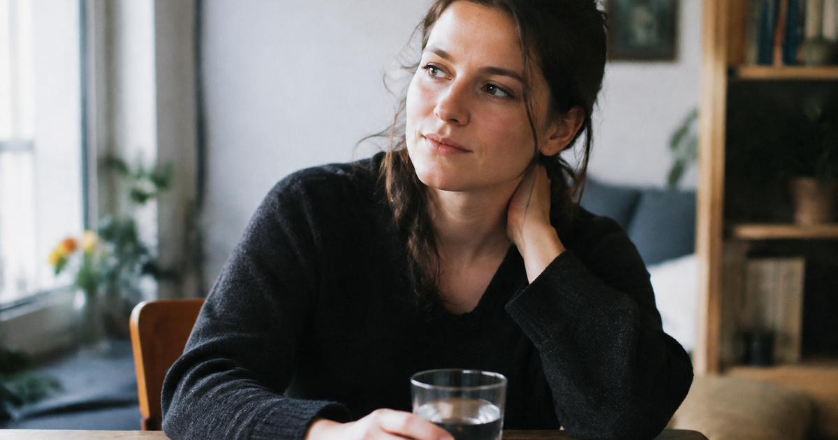 Femme assise, main sur le cou, verre d'eau