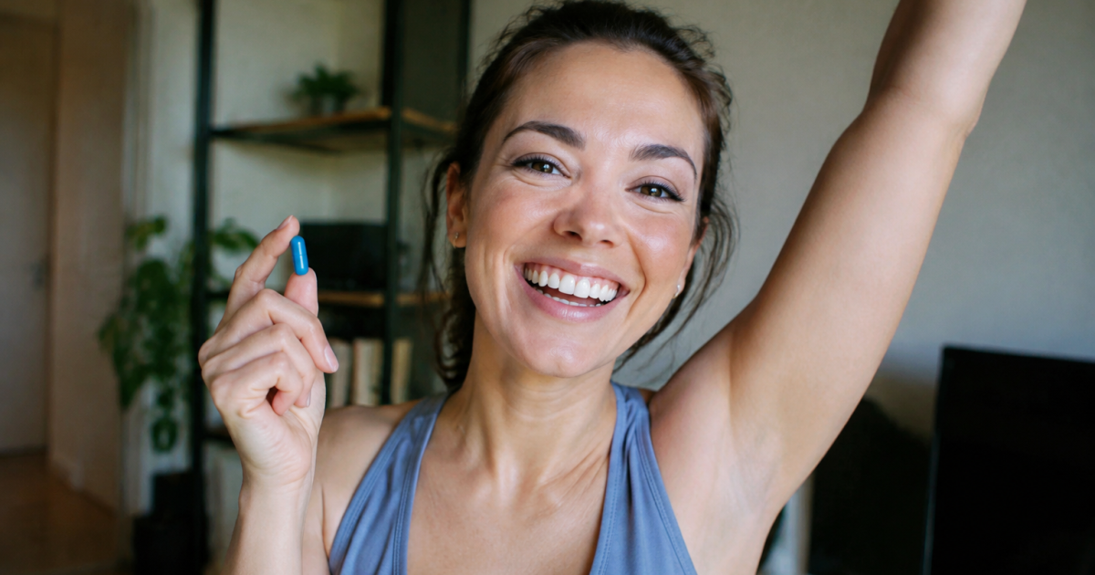 Femme dynamique bras leves tenant gelule bleu