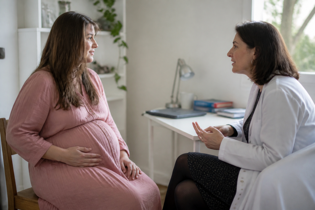 Femme enceinte consultant son medecin dans un cabinet lumineux