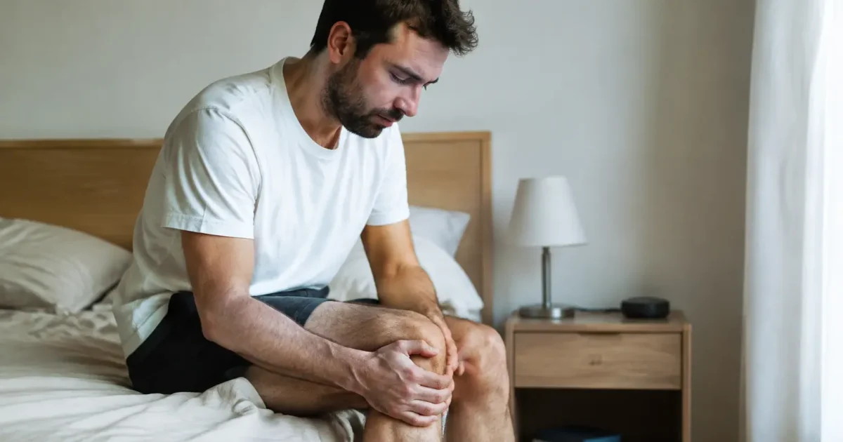 Homme assis au bord du lit tenant son genou