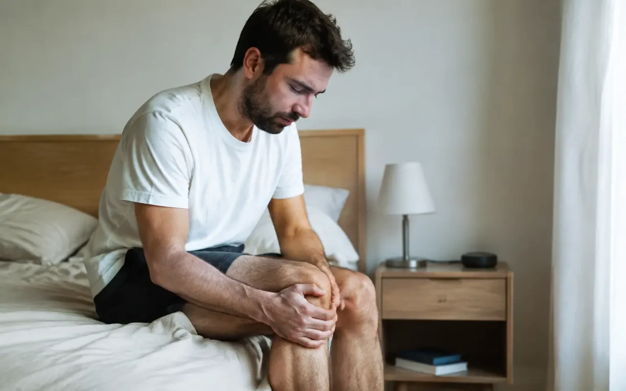 Homme assis au bord du lit tenant son genou