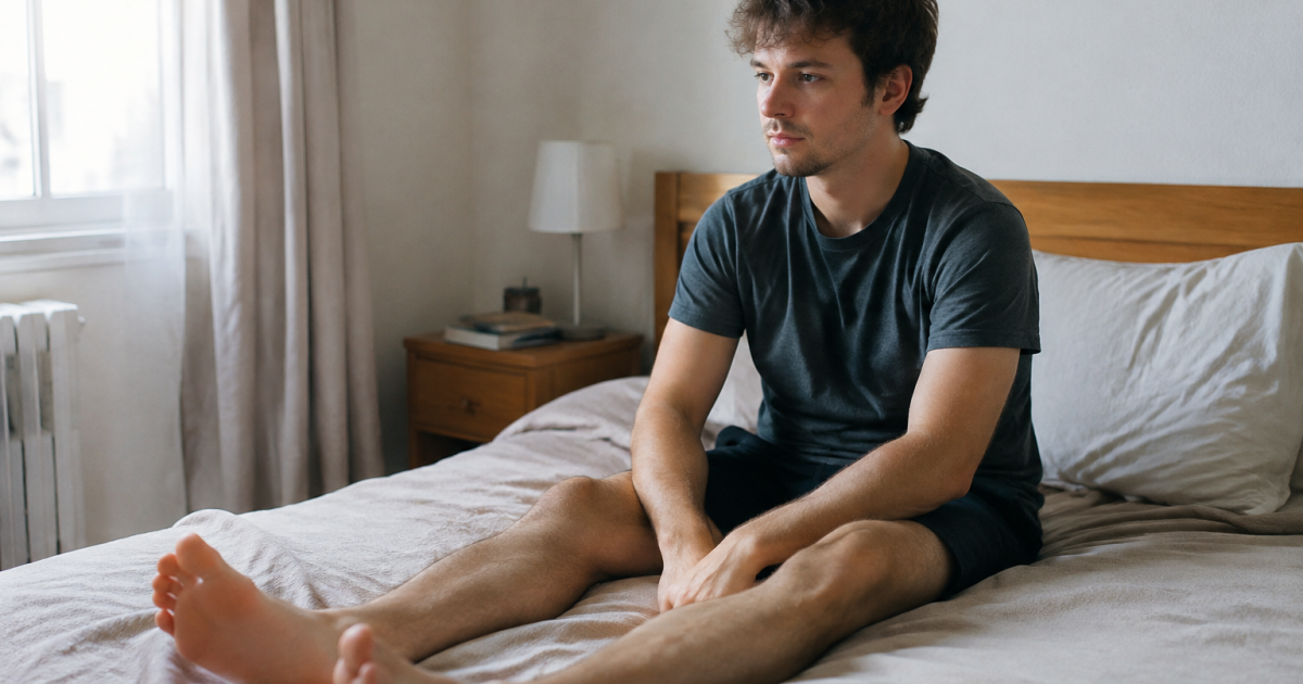 Homme assis sur un lit jambes tendues devant lui