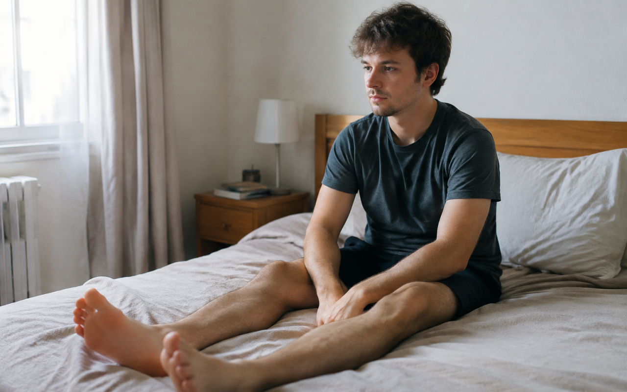 Homme assis sur un lit jambes tendues devant lui