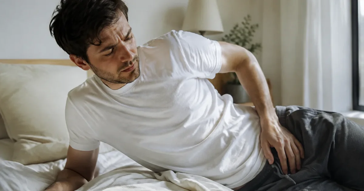 Homme assis sur un lit, main sur le flanc