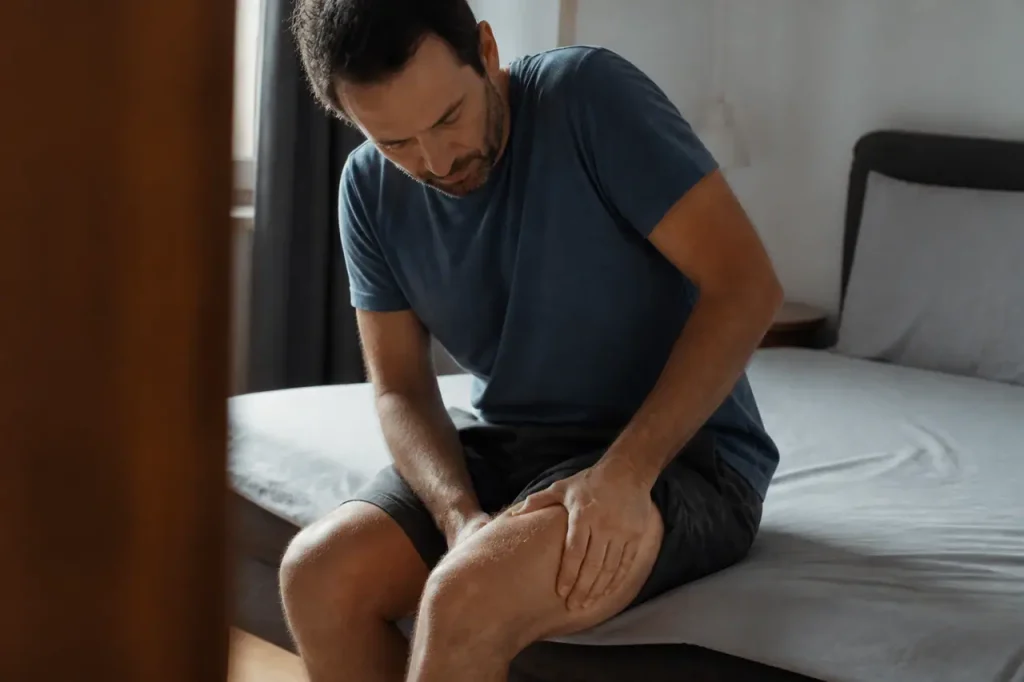 Homme assis au bord du lit massant sa cuisse