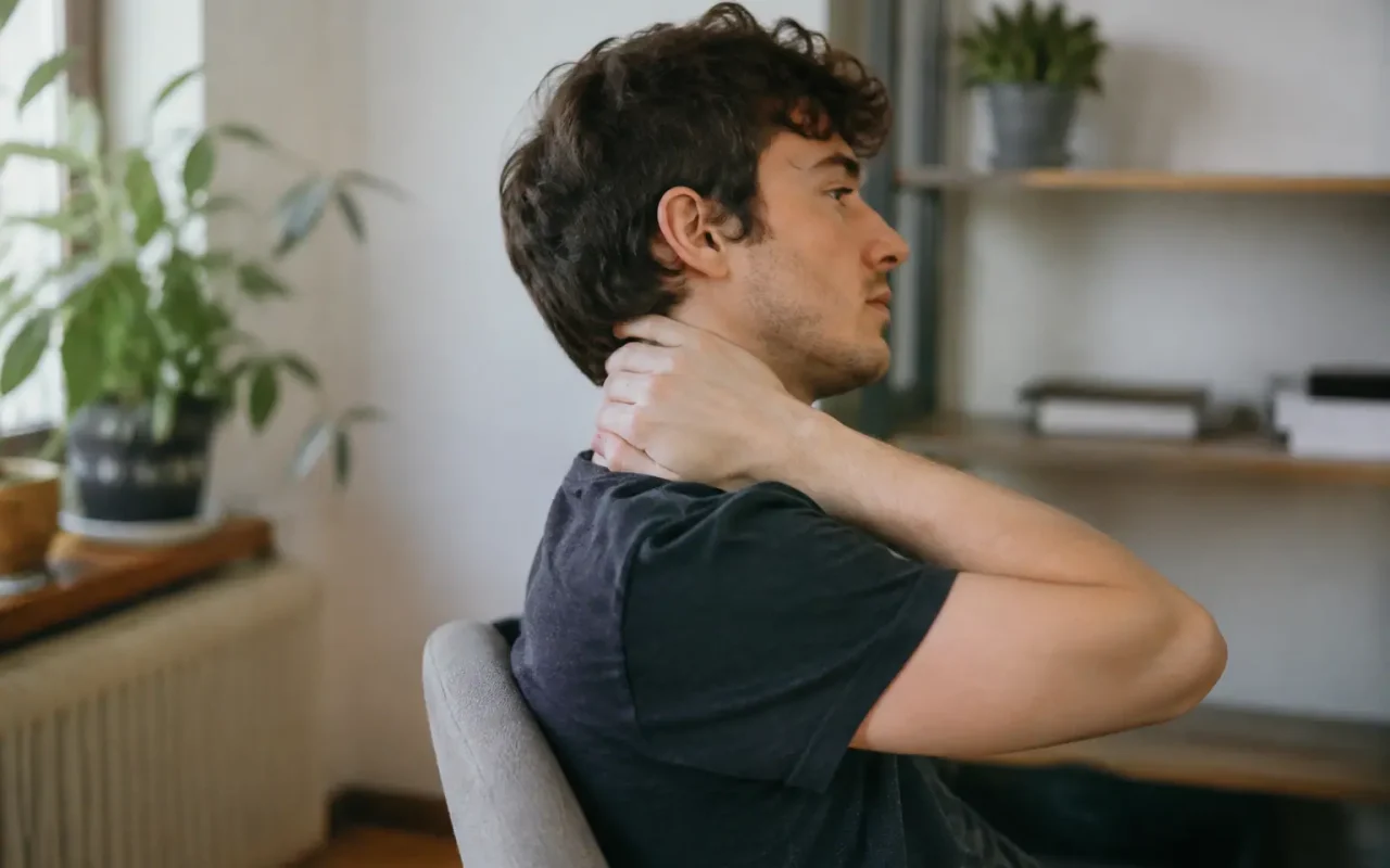 Homme assis de profil massant sa nuque