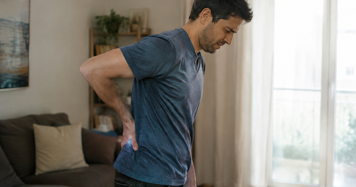 Homme courbe main sur bas du dos