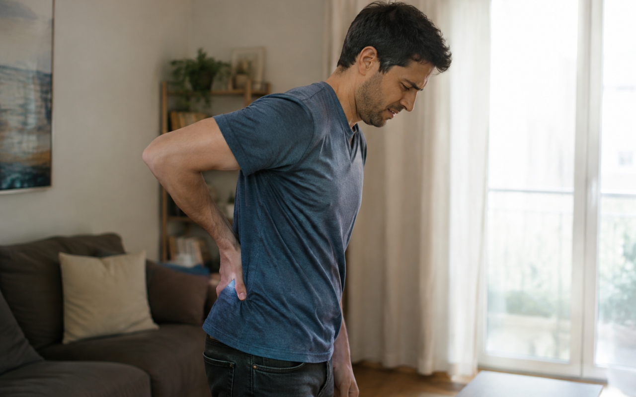 Homme courbe main sur bas du dos