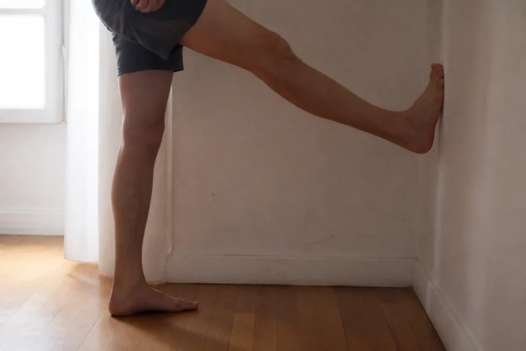 Jambe tendue contre un mur, pieds nus sur parquet