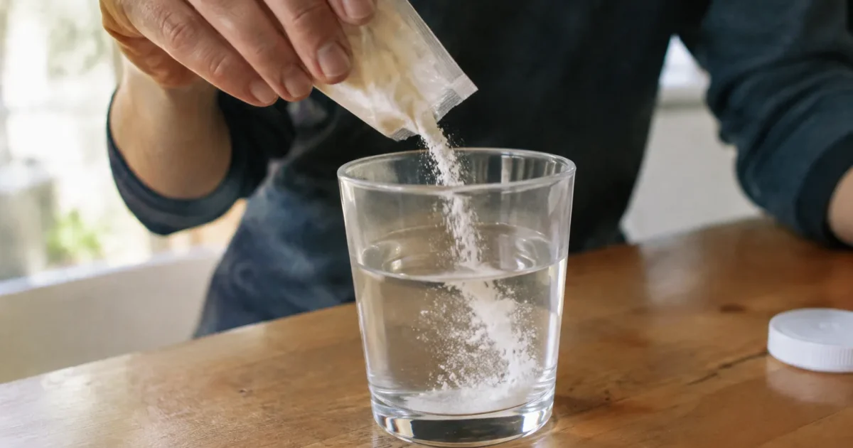 Une main verse une poudre blanche dans un verre