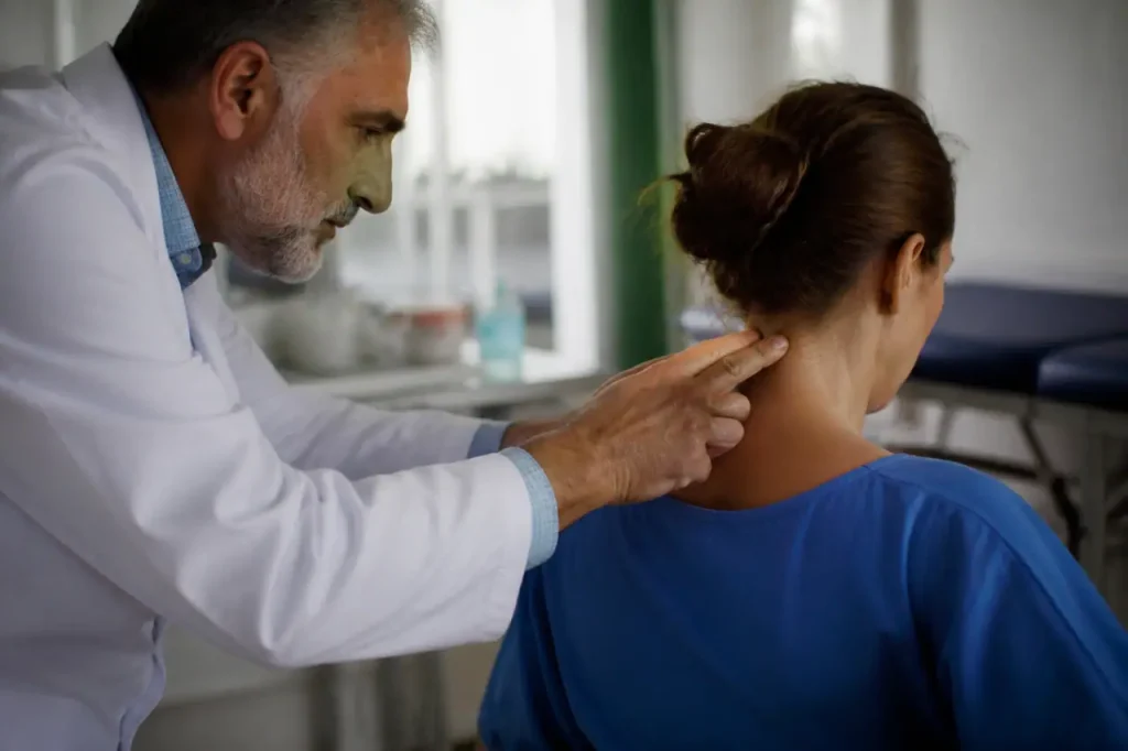 Medecin en blouse examinant la nuque dune patiente assise
