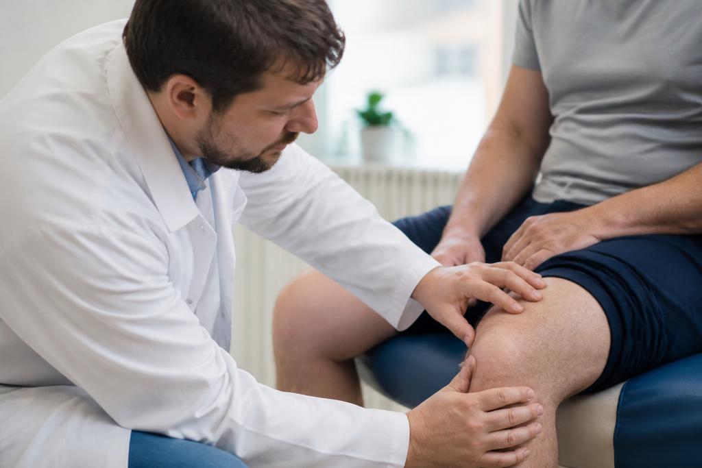 medecin examinant le genou d'un patient assis