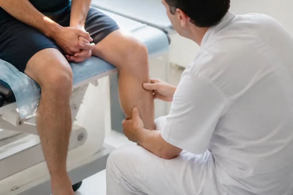 Medecin palpant le mollet gauche du patient assis