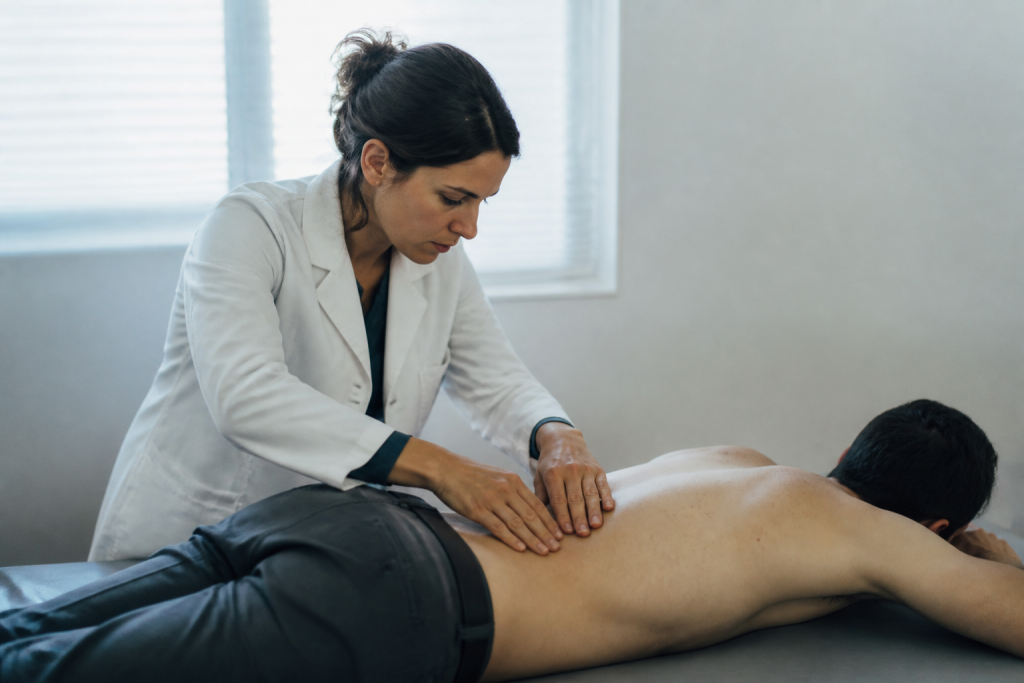 Medecin palpite dos patient allonge sur divan
