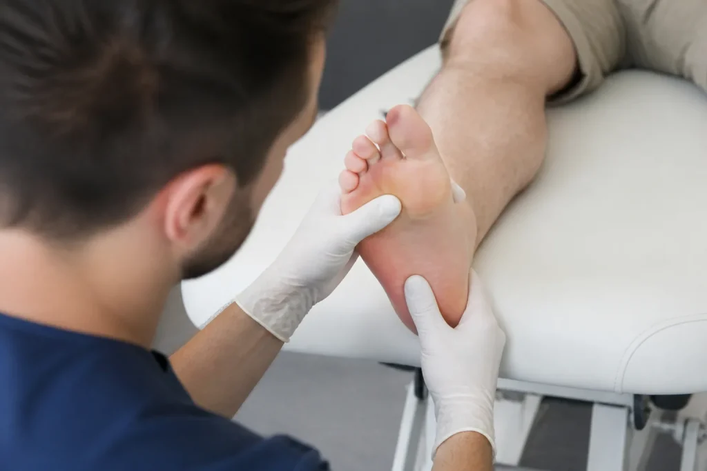Podologue examine talon patient sur table blanche